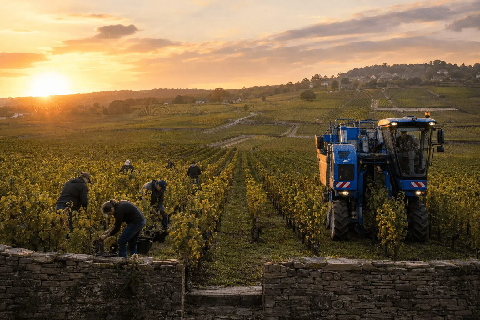 Vendanges manuelles et mécaniques dans un domaine viticole en Bourgogne